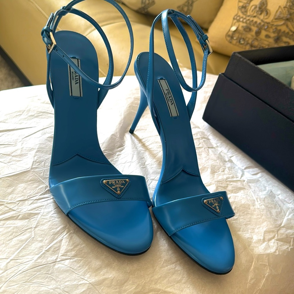 Prada Blue Modellerie Calfskin Leather Ankle-strap Sandals Sz 40 10 9.5 New